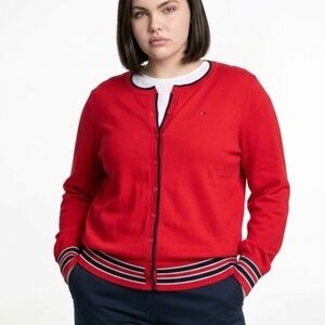 Tommy Hilfiger Red Cardigan Women's Size XL - LIKE NEW - Iconic Stripe Trim